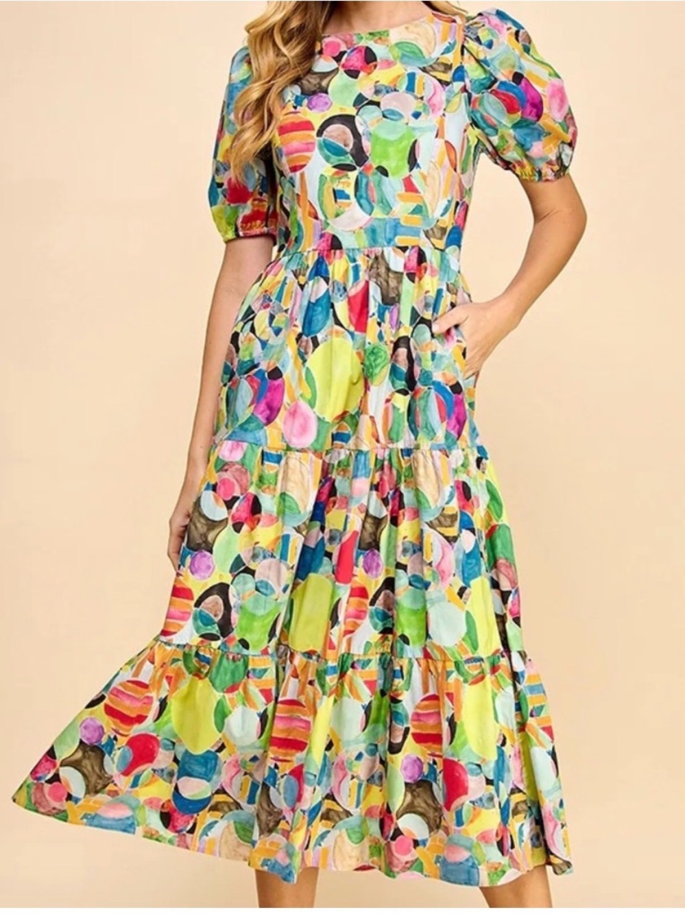 TCEC Multicolor Geometric Print Puff Sleeve Maxi Dress